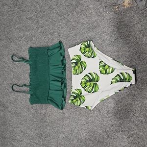 Cupshe Smocked Green and Monstera High Waisted Bikini NWT